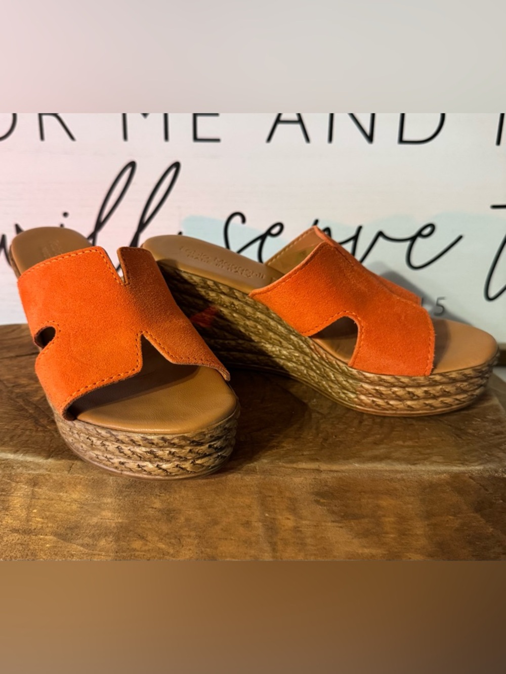 Women's Orange Suede Wedge Slide Sandals